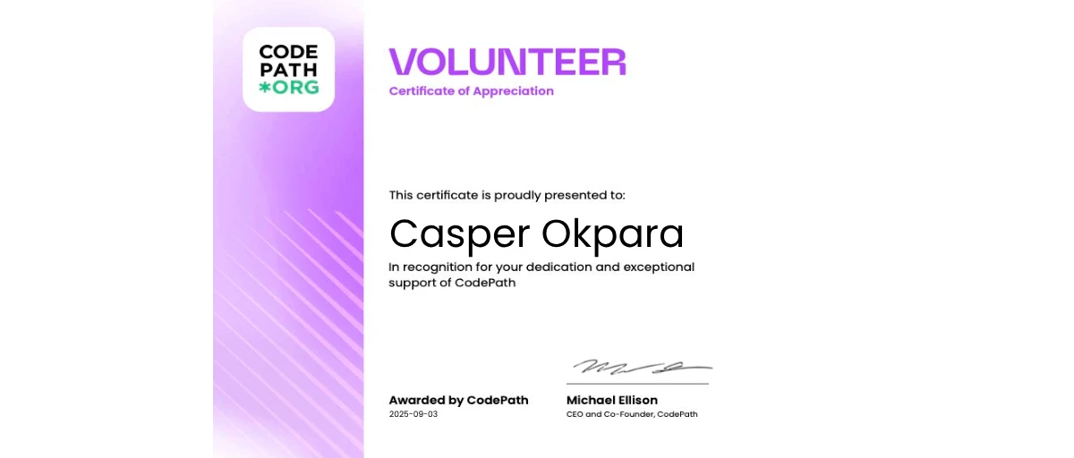 Check out Casper Okpara's CodePath Volunteer Certification certificate ...