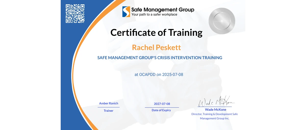 Check out Rachel Peskett's OCAPDD credential issued by Safe Management ...