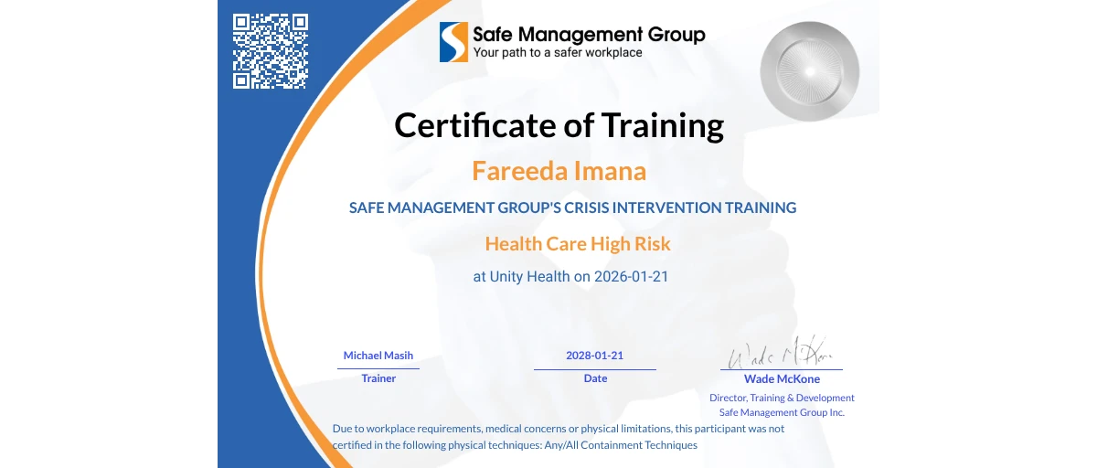 Check out Fareeda Imana's Unity Health credential issued by Safe ...