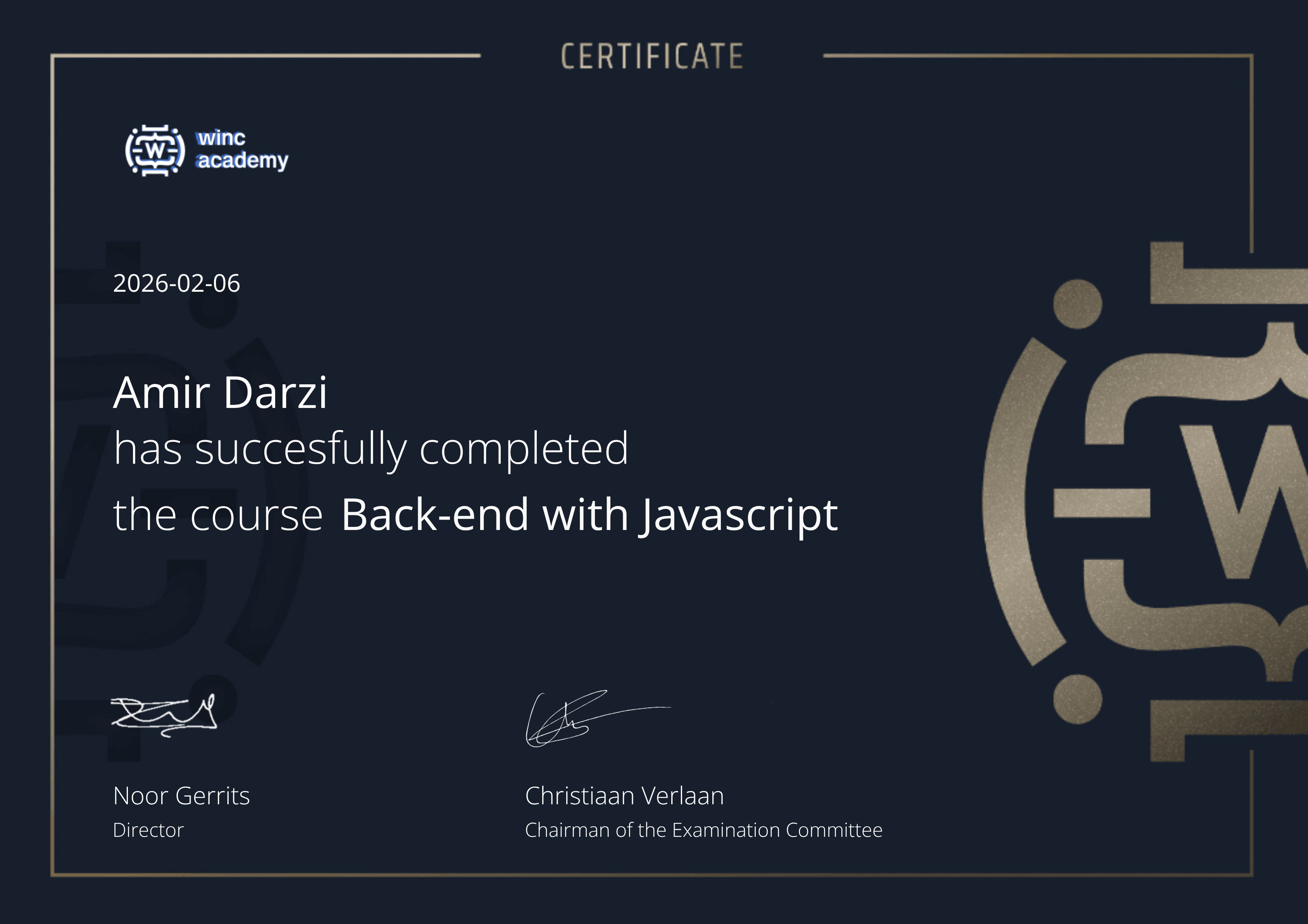 Winc Academy certificate preview for Back-end with JavaScript