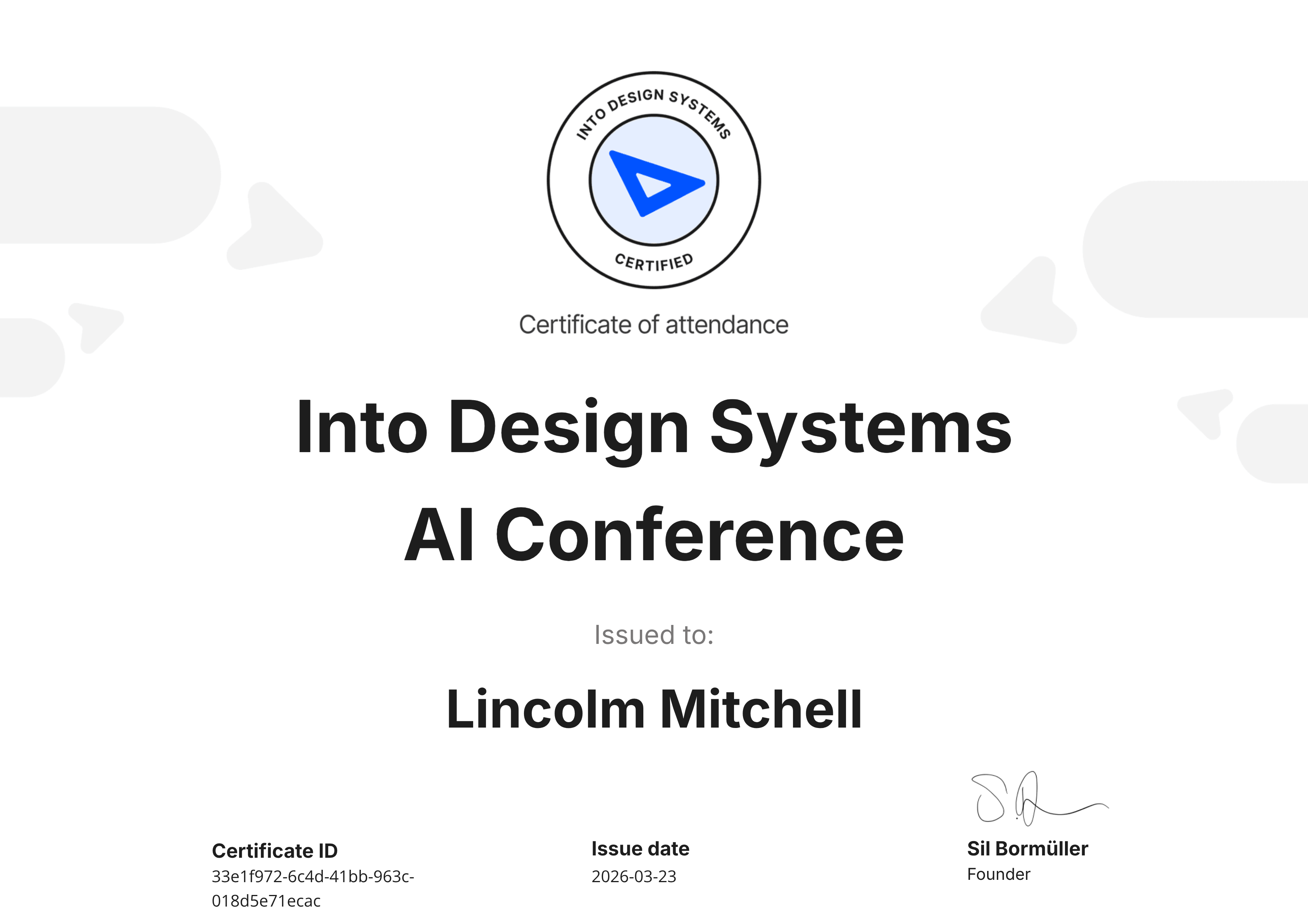 Into Design Systems AI Conference 2026 — Certificate