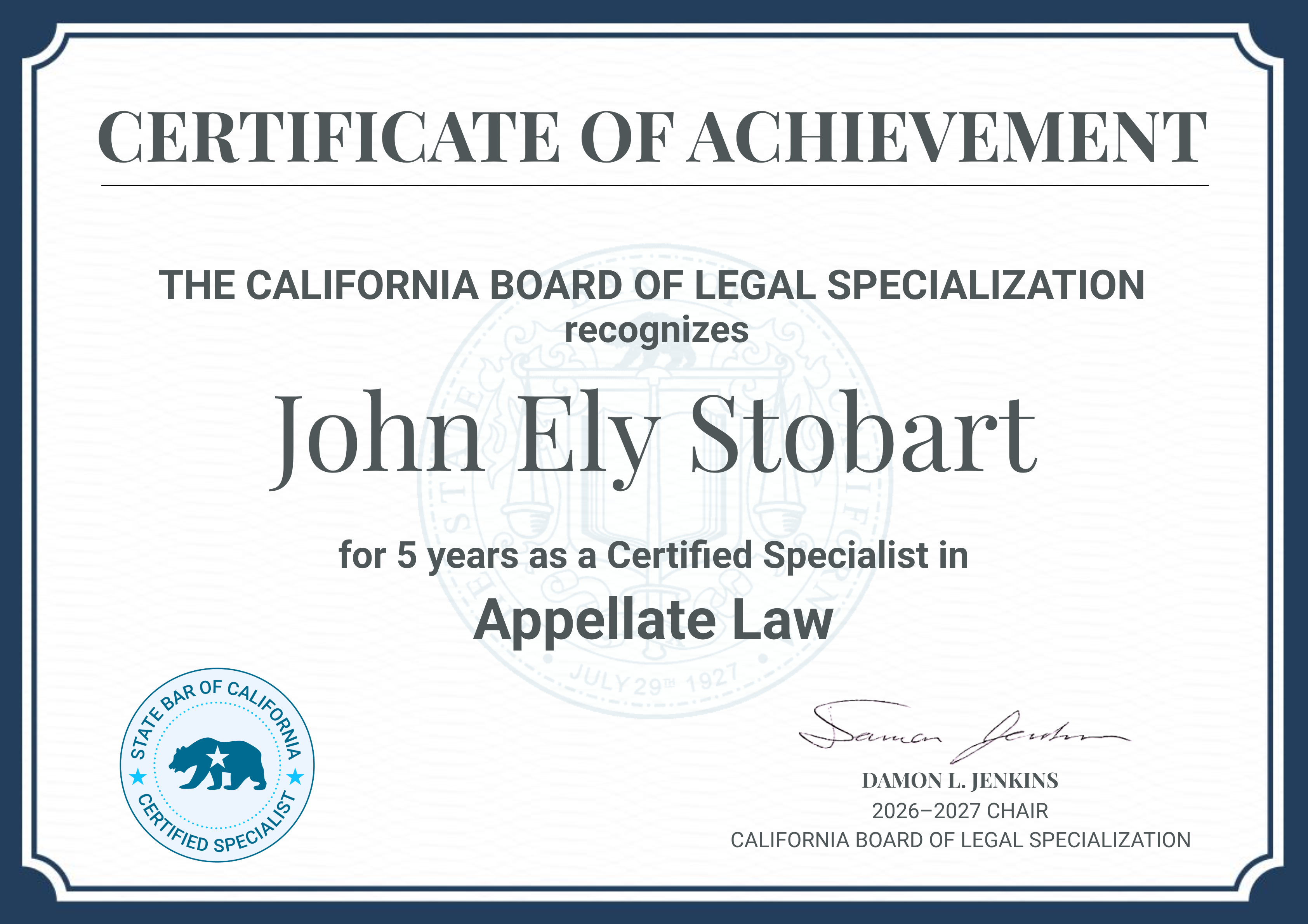 Legal Specialization Anniversary Certificate