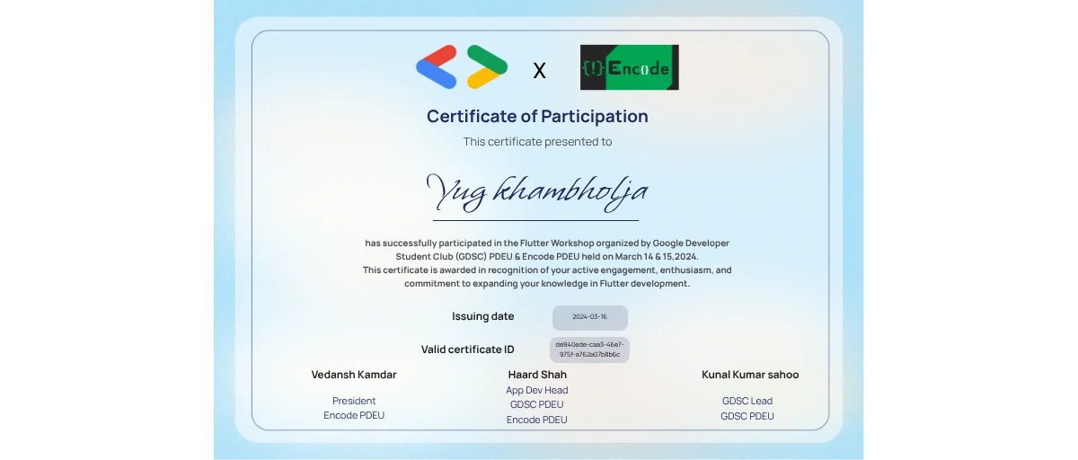 Check out Yug khambholja 's Flutter Workshop credential issued by ...