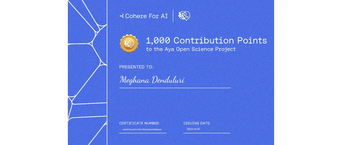Check out Meghana Denduluri's Aya 1,000 Contribution Points credential ...